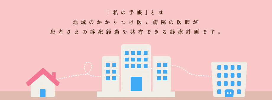 「私の手帳」とは地域のかかりつけ医と病院の医師が患者さまの診療経過を共有できる診療計画です。