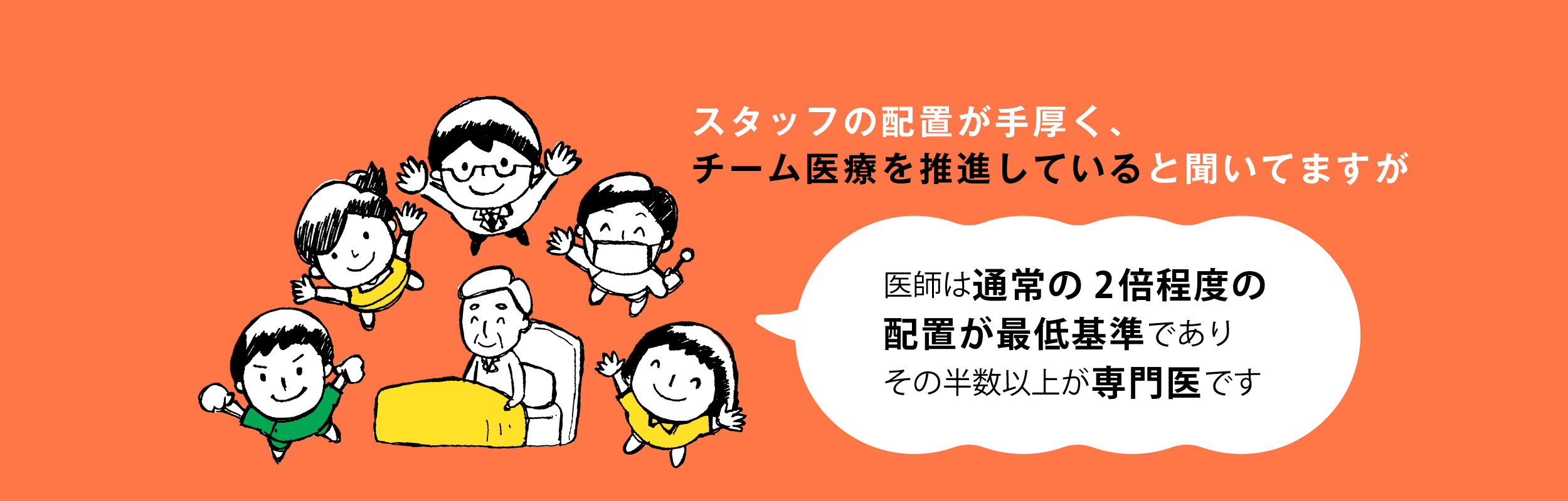 医師は通常の2倍程度の配置が最低基準でありその半数以上が専門医です